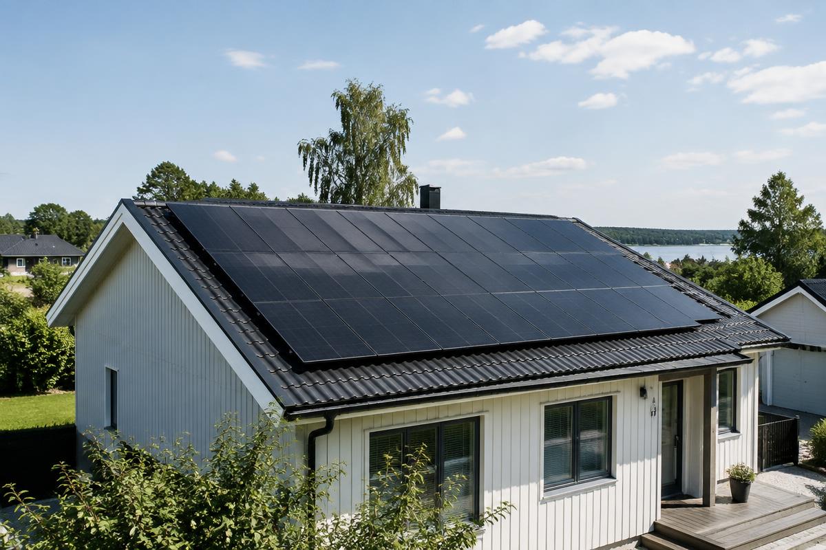 Exempel på solcellsinstallation på ett svenskt villatak